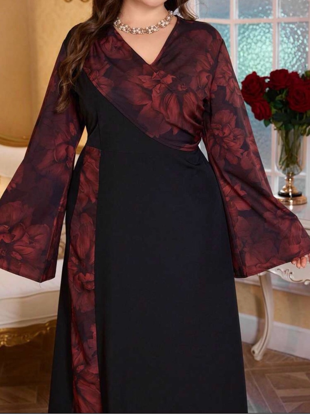 Floral-Panel Black Midi Dress with Burgundy Bell Sleeves